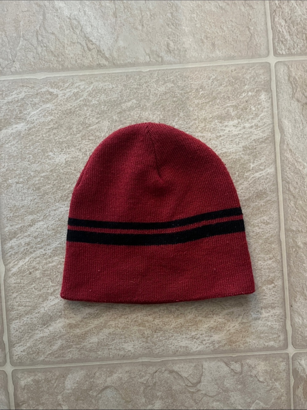 Red Knit Beanie with Black Stripes